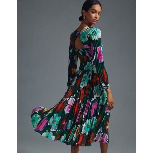 Anthropologie Size 6 Maeve Pleated Long Dress V Neck Green Floral Wedding Date - Picture 2 of 14
